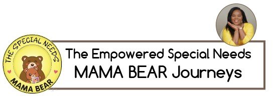 A logo for 'The Empowered Special Needs MAMA BEAR Journeys.' The logo includes a circular emblem on the left featuring a brown mother bear hugging a smaller bear, with the text 'THE SPECIAL NEEDS MAMA BEAR' written around the border. On the right, there is a photo of a smiling woman wearing a yellow top, resting her chin on her hands. The text 'The Empowered Special Needs MAMA BEAR Journeys' is written in black, with 'BEAR' highlighted in bold