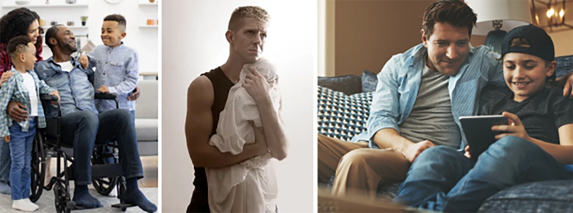 A collage of three images depicting different fatherhood experiences. On the left, a happy family scene with a father in a wheelchair surrounded by his partner and children, all smiling. In the center, a serious-looking man in a black sleeveless shirt holding a swaddled newborn baby, appearing overwhelmed. On the right, a father and his son sitting together on a couch, both smiling while looking at a tablet, showing a warm bonding moment."