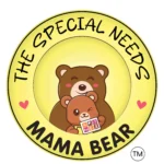 A circular logo with a yellow background features the words 'THE SPECIAL NEEDS' curved along the top and 'MAMA BEAR' curved along the bottom in black, playful font. In the center, there is an illustration of a brown mama bear with a warm smile, hugging a smaller brown bear cub. The cub is winking and holding a small card displaying symbols representing special needs, such as accessibility, hearing impairment, autism awareness, and more. Two small pink hearts are placed on either side of the text. A trademark (™) symbol appears at the bottom right of the design.