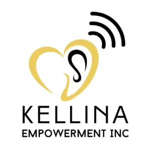 Logo of Kellina Empowerment Inc featuring a heart and an ear symbol, emphasizing connection and support for the hearing community.