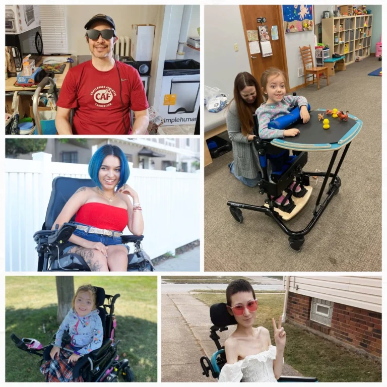 A collage featuring diverse individuals in wheelchairs, showcasing their activities and interactions in various settings.