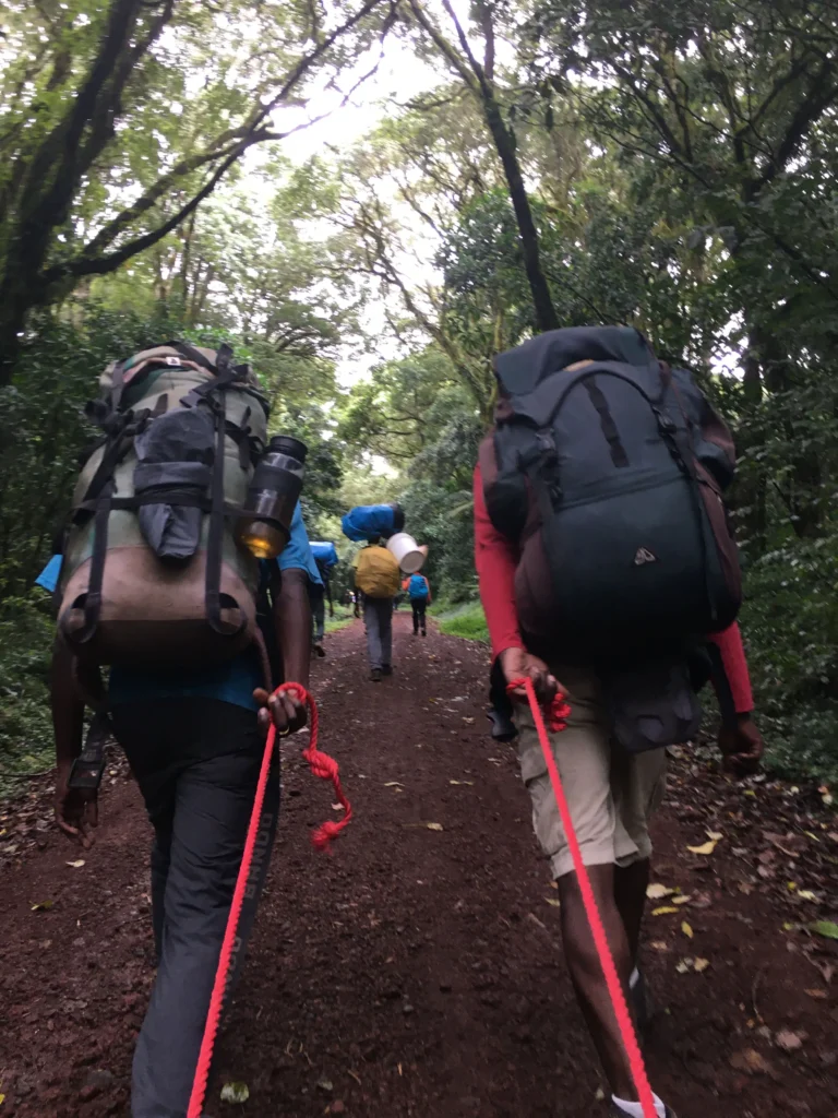 Hikers with backpacks trek along a forest path, holding red ropes, surrounded by lush greenery under a cloudy sky.