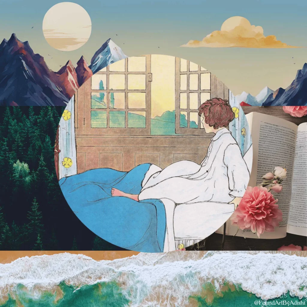 A serene illustration of a person gazing out a window, surrounded by mountains, forest, flowers, and a book, evoking tranquility.