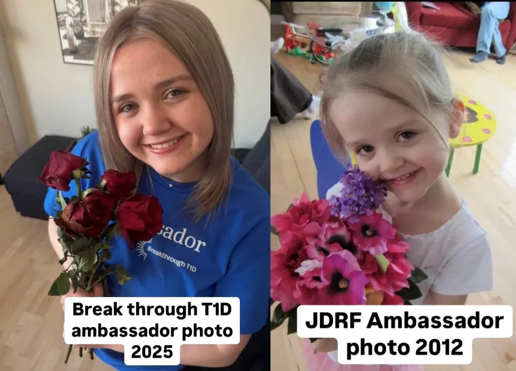 Two children holding bouquets of flowers, one with red roses and the other with colorful artificial blooms, representing T1D ambassadors.