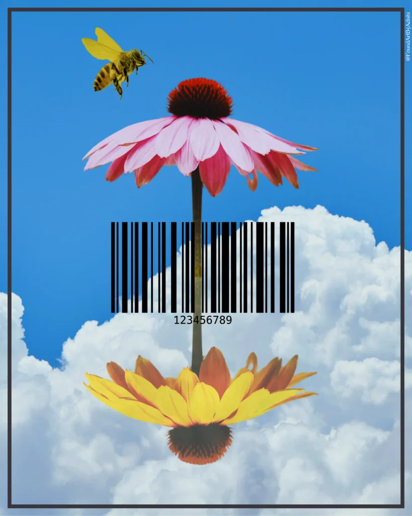 A bee hovers near a pink flower above a yellow flower, with a barcode and clouds below a bright blue sky.