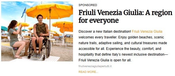 A promotional image for the Italian region Friuli Venezia Giulia shows a sunny beach scene with bright yellow umbrellas. A young man in a wheelchair and a young woman sitting on a beach chair are smiling and enjoying their time together. The accompanying text promotes Friuli Venezia Giulia as an inclusive travel destination, highlighting accessible beaches, nature trails, adaptive sailing, and cultural attractions. The region is described as welcoming to all travelers, with a focus on accessibility and hospitality.