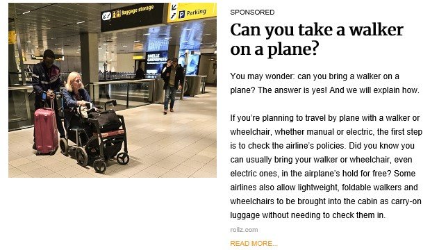 A woman using a wheelchair is pushed through an airport terminal by a companion, with luggage in tow. Signage for baggage storage and parking is visible above. Next to the image is a sponsored article titled 'Can you take a walker on a plane?' explaining airline policies on mobility aids.