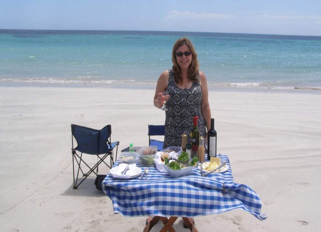 A woman stands smiling on a sandy beach with clear blue water in the background. She is holding a glass of wine and wearing a patterned sleeveless dress and sunglasses. In front of her is a small table covered with a blue and white checkered tablecloth, set with a picnic meal including salad, cheese, bottles of wine, and various containers of food. Two camping chairs are set up nearby, creating a relaxed beachside picnic setting.