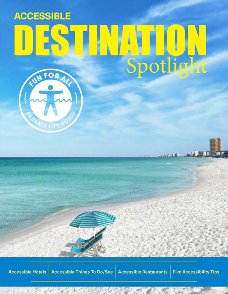 Cover of a travel guide titled "Accessible Destination Spotlight" featuring Panama City Beach. The image shows a bright, sunny beach scene with white sand, clear turquoise water, and a blue sky with light clouds. A striped beach umbrella and chair are set up on the sand. A circular logo reads "Fun For All - Panama City Beach." A blue banner at the bottom lists sections: Accessible Hotels, Accessible Things To Do/See, Accessible Restaurants, and Five Accessibility Tips.