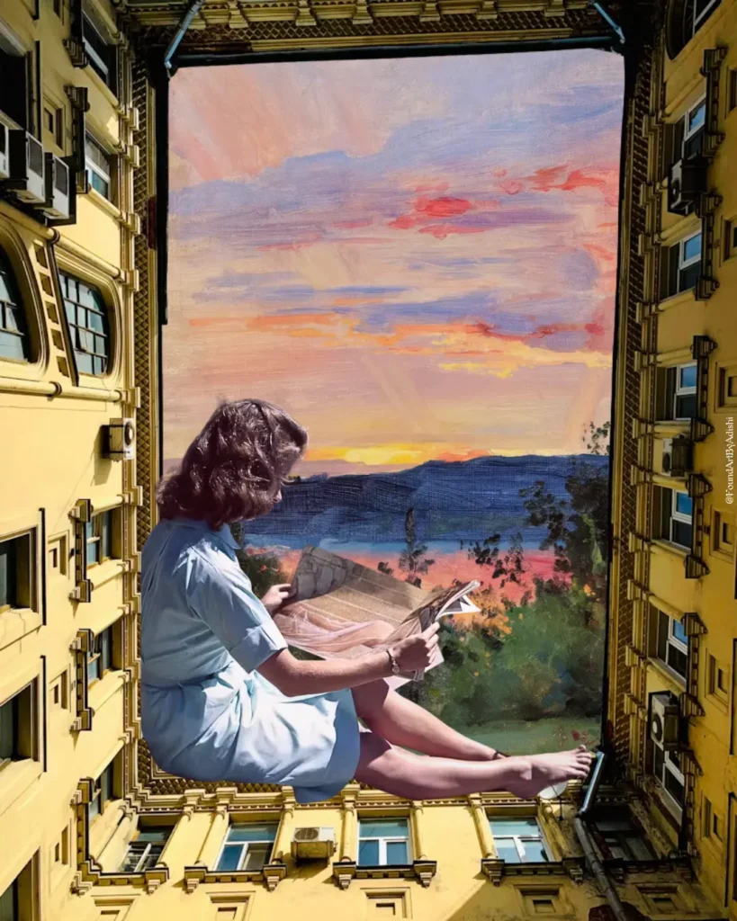 A woman in a blue dress reads a book, suspended between colorful painted skies and a yellow building's interior.
