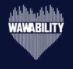 White text "WAWABILITY" in a heart shape formed by soundwave patterns, set against a dark blue background.