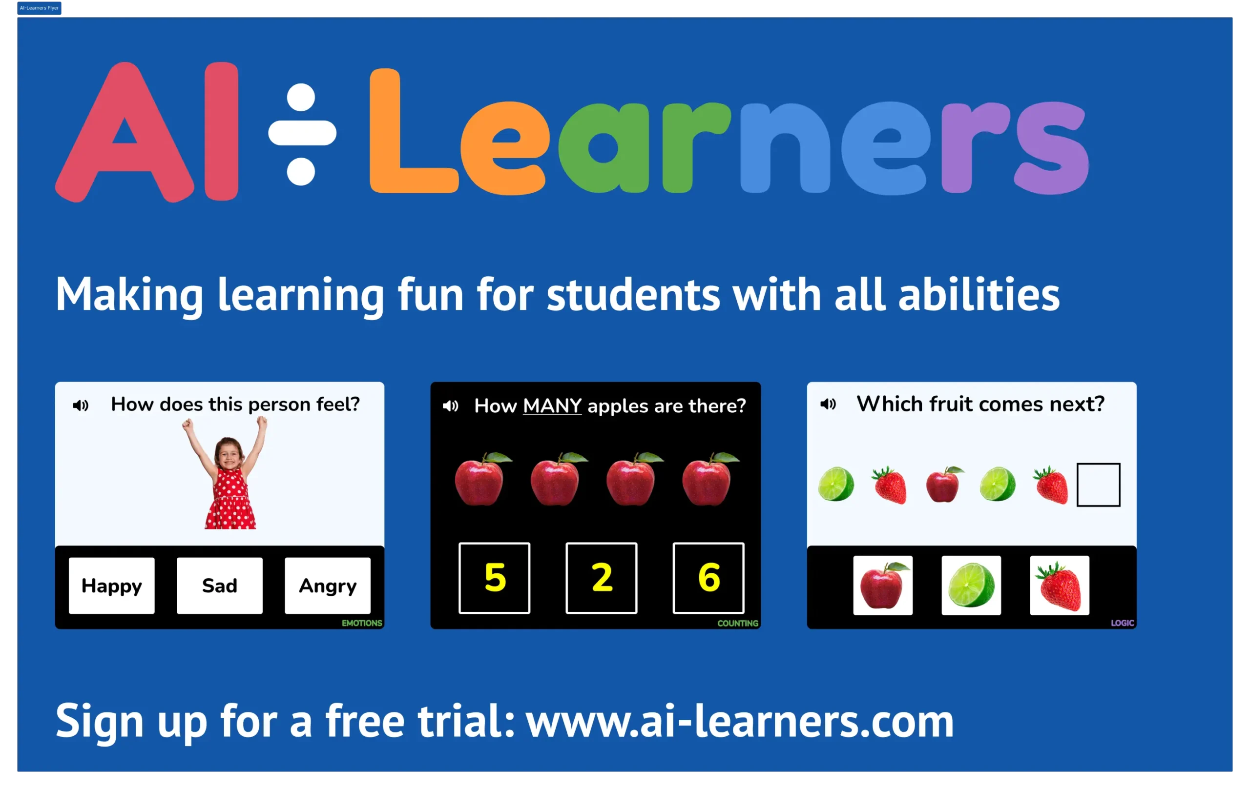 Colorful educational graphics featuring questions about emotions, counting apples, and logic puzzles for students of all abilities.