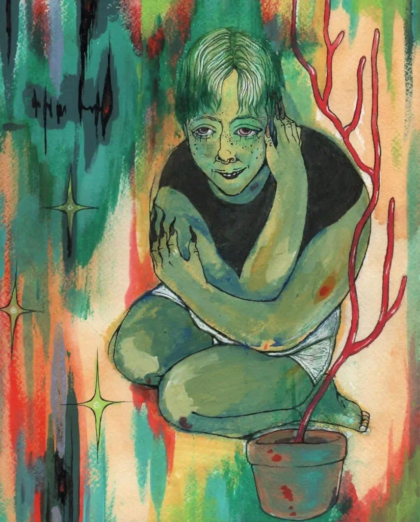 A surreal painting of a green-skinned person with short hair crouching beside a red-branched plant in a pot. The person wears a black shirt and white shorts and has a contemplative expression. The background features abstract, vertical streaks of green, red, and yellow, with star-like shapes and shadowy forms adding to the dreamlike atmosphere.