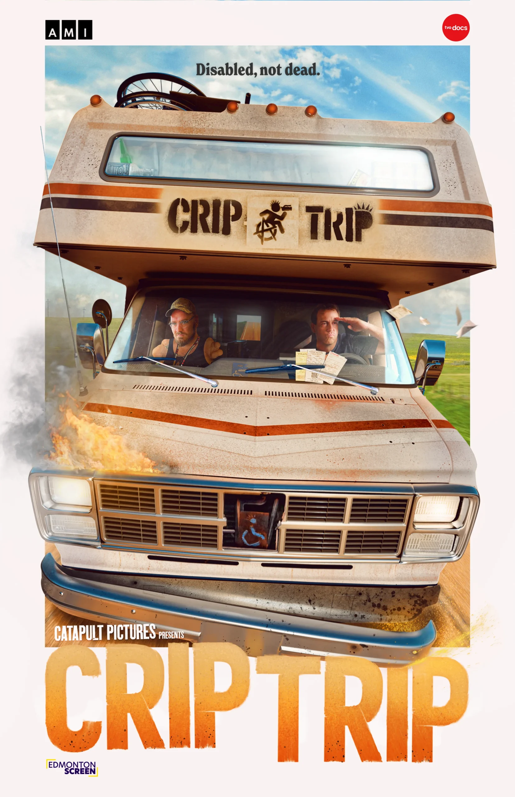 A humorous movie poster featuring a vintage camper van labeled "CRIP TRIP," with a fiery grill and the tagline "Disabled, not dead."