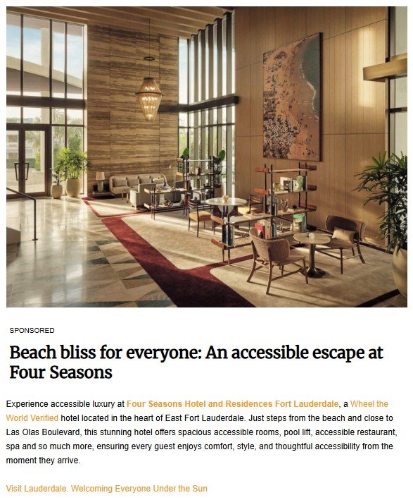 Lobby of the Four Seasons Hotel and Residences Fort Lauderdale featuring modern, accessible seating areas, tall windows letting in natural light, marble floors, and elegant decor. The space promotes a welcoming and inclusive atmosphere.