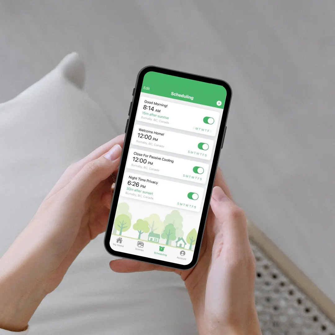 A person holds a smartphone displaying a scheduling app with settings for daily routines and automation times.