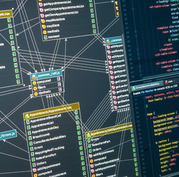A close-up image of a computer screen displaying a complex software development environment.