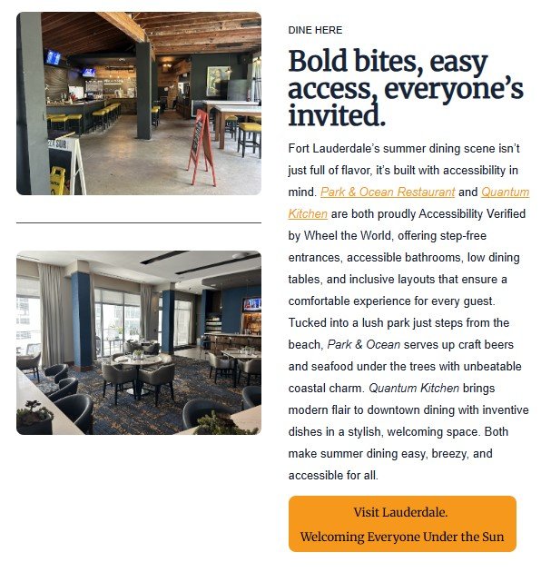 Accessible dining spaces at Park & Ocean and Quantum Kitchen in Fort Lauderdale, featuring step-free entrances, low tables, and inclusive layouts for wheelchair users and all guests.