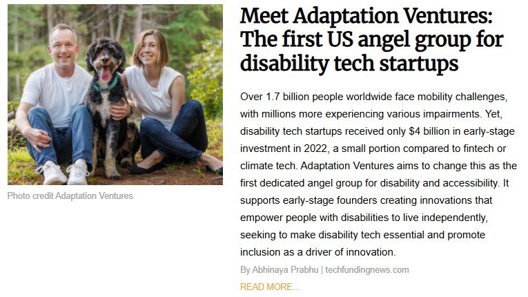 Founders of Adaptation Ventures, the first U.S. angel group for disability tech startups, sit outdoors with their dog. The group supports inclusive innovation by funding early-stage startups that empower people with disabilities through accessible technology.