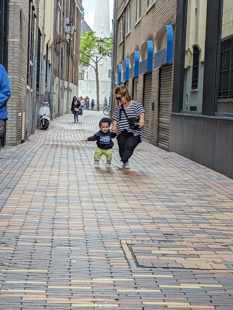 A woman walks with a child along a cobblestone alley, surrounded by shops and pedestrians, under a cloudy sky.