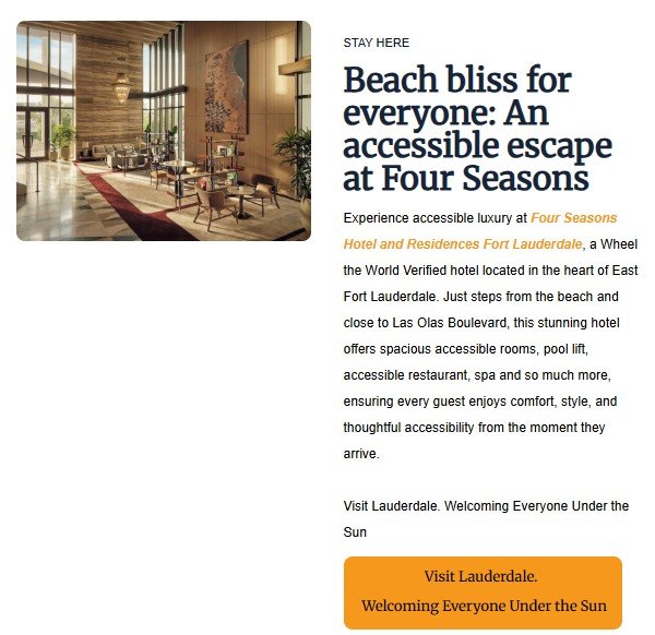 Spacious and elegantly designed lobby at Four Seasons Hotel Fort Lauderdale with accessible seating and wide pathways—highlighting luxury stays with inclusive, wheelchair-friendly accommodations