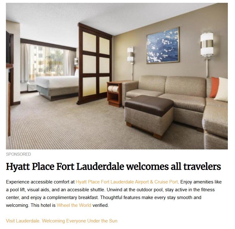 Accessible hotel room at Hyatt Place Fort Lauderdale Airport & Cruise Port, perfect for disabled travelers. Features include a spacious layout, king bed, sofa, modern amenities, and travel-friendly accommodations near airport and cruise terminal.