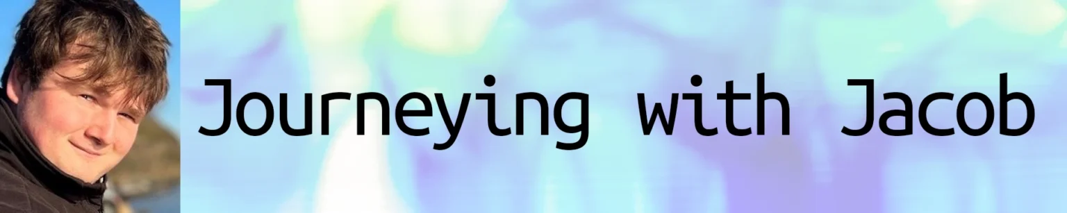 Banner image for 'Journeying with Jacob' featuring a smiling young man outdoors and the text 'Journeying with Jacob' over a soft, colorful abstract background