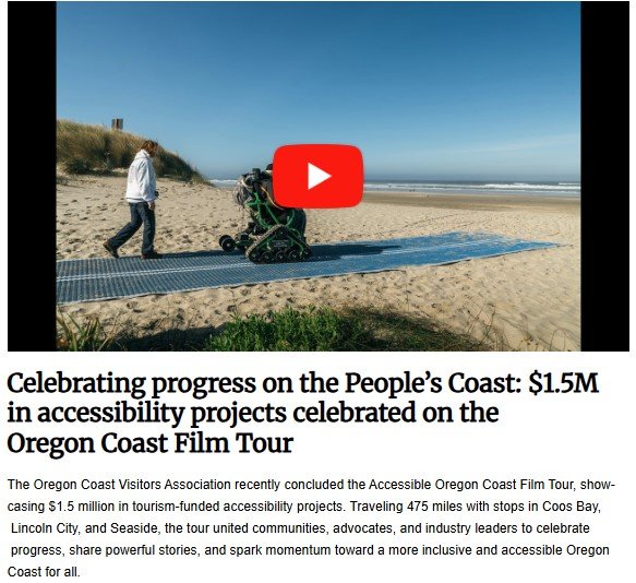 A person in a beach wheelchair is pushed along a blue accessible mat on a sandy beach, with grassy dunes on one side and the ocean on the other. This image represents accessibility improvements highlighted during the Oregon Coast Film Tour.