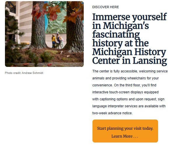 Visitor using a wheelchair outside the Michigan History Center in Lansing, surrounded by trees—highlighting the center’s fully accessible features and inclusive historical experiences
