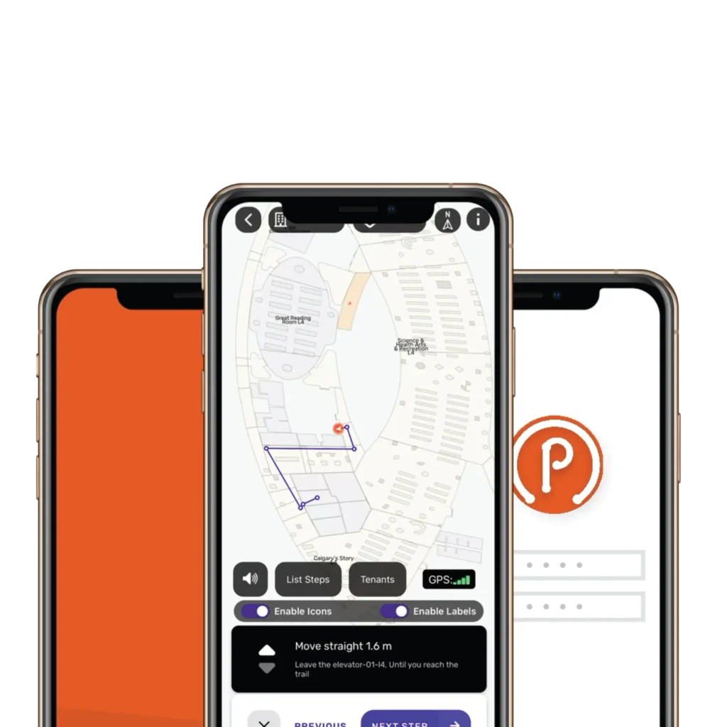 Three smartphones are displayed. The center screen shows a digital indoor map with navigation directions. The left phone has a solid orange screen, and the right phone shows a partial logo with a letter P on a white background.