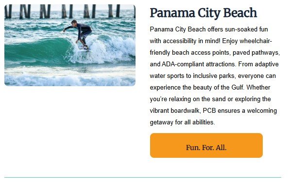 Adaptive surfer riding a wave at Panama City Beach, Florida—highlighting accessible beach experiences with ADA-compliant features and inclusive water sports for travelers of all abilities.