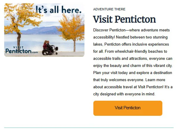 Wheelchair user enjoying a scenic lakeside path surrounded by autumn trees in Penticton, British Columbia—showcasing accessible nature trails and inclusive travel opportunities.