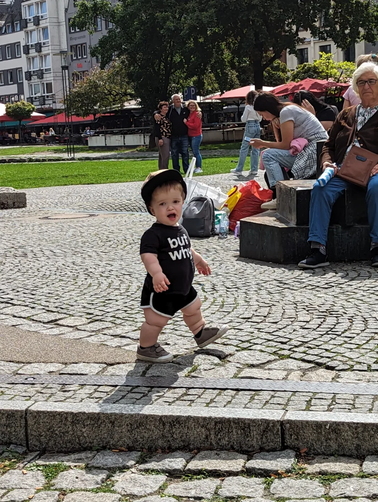 A small child in a black shirt with the words "but why" walks confidently on a cobblestone path, surrounded by people and greenery.