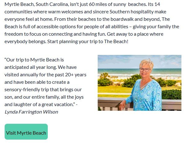 Promotional image for Myrtle Beach, South Carolina, highlighting its accessibility and family-friendly atmosphere. Includes a testimonial from Lynda Farrington Wilson and a photo of a smiling woman in a blue top standing on a boardwalk with the beach and ocean in the background. A green button labeled 'Visit Myrtle Beach' appears at the bottom.