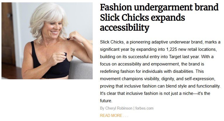 Smiling older woman wears an adaptive bra from Slick Chicks, a fashion brand expanding accessibility and empowering people with disabilities through inclusive, stylish undergarments available in major retail stores.