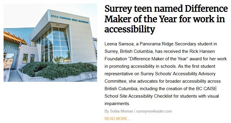 Exterior of École Panorama Ridge Secondary in Surrey, British Columbia, where student Leena Sansoa was named Rick Hansen Foundation’s Difference Maker of the Year for championing school accessibility and inclusive education for students with disabilities.
