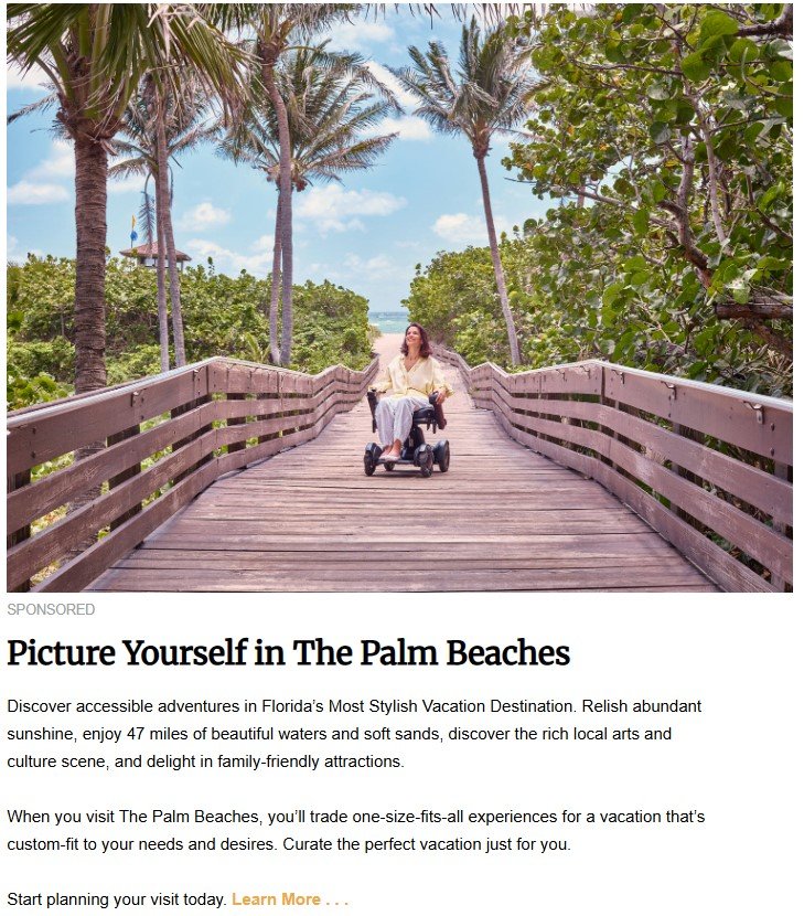 Woman using a power wheelchair enjoys an accessible boardwalk surrounded by palm trees in The Palm Beaches, Florida. Promoting inclusive travel and disability awareness, the destination offers barrier-free vacation experiences with beach access and scenic views.