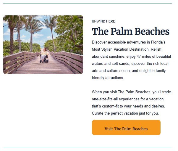 Traveler using a wheelchair enjoying a scenic boardwalk surrounded by palm trees in The Palm Beaches, Florida—highlighting accessible outdoor experiences and inclusive vacation options.