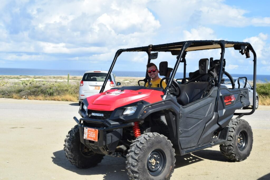 A person wearing sunglasses and a yellow shirt smiles while sitting in a red off-road utility vehicle parked near a road, with another white car and a scenic coastal landscape in the background.
