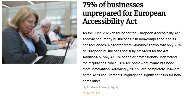 Older woman works on a laptop in a modern office setting, highlighting digital accessibility concerns as 75% of European businesses remain unprepared for the 2025 European Accessibility Act deadline and risk non-compliance.
