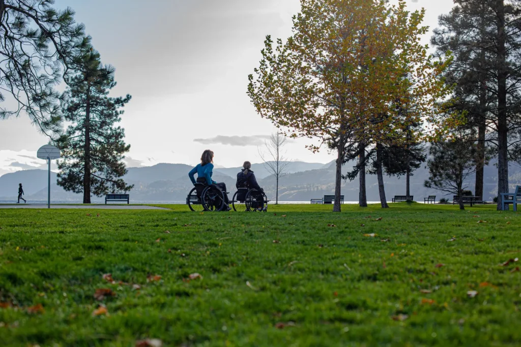 Two people in wheelchairs enjoy a peaceful moment in a grassy lakeside park surrounded by tall trees and distant mountains. The scene is serene with a backdrop of calm water and soft, overcast sky. Several benches are scattered throughout the park, and a lone person walks near a basketball hoop in the background. Autumn leaves are scattered across the grass, and one tree in the foreground shows early fall foliage.