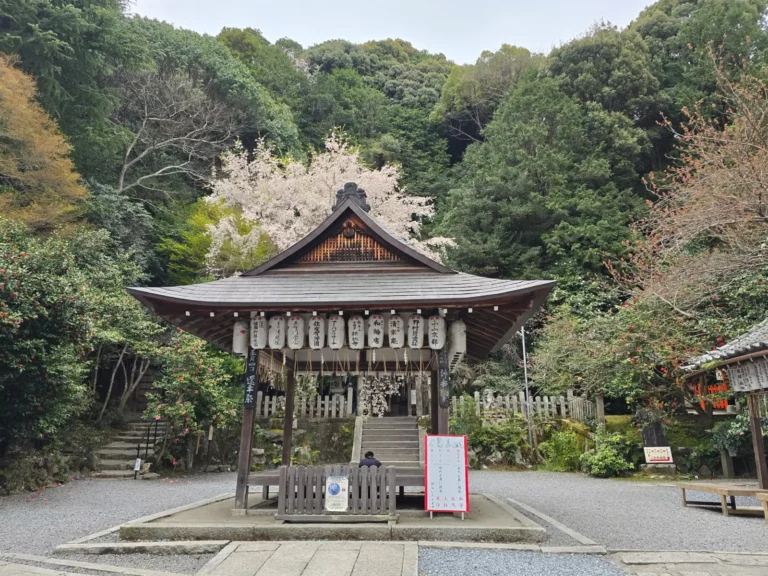 Wooden shrine with paper lanterns, surrounded by trees and flowering cherry blossoms, in a Japanese temple garden.