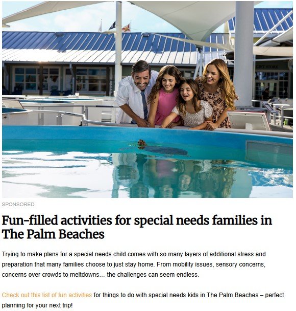 Family enjoying accessible marine exhibit with sea turtle at The Palm Beaches, a top destination for special needs-friendly activities in Florida.