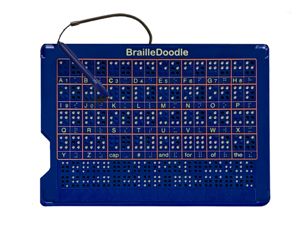 A blue BrailleDoodle board featuring Braille letters, numbers, and symbols for tactile learning and teaching of Braille.