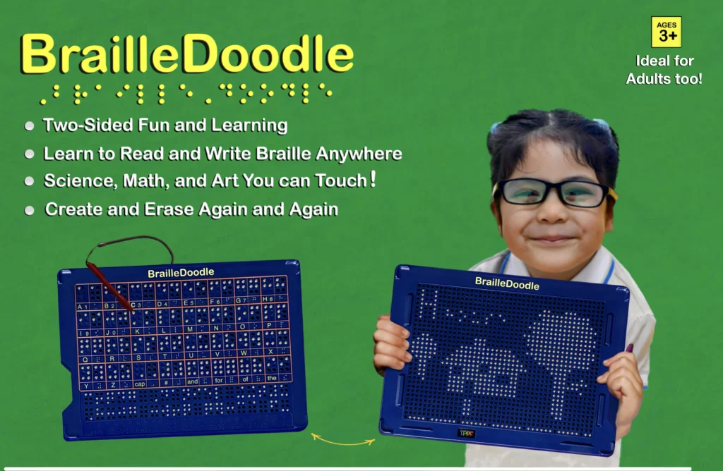 A child holds a blue BrailleDoodle board, promoting learning Braille and creative activities. The background is vibrant green.