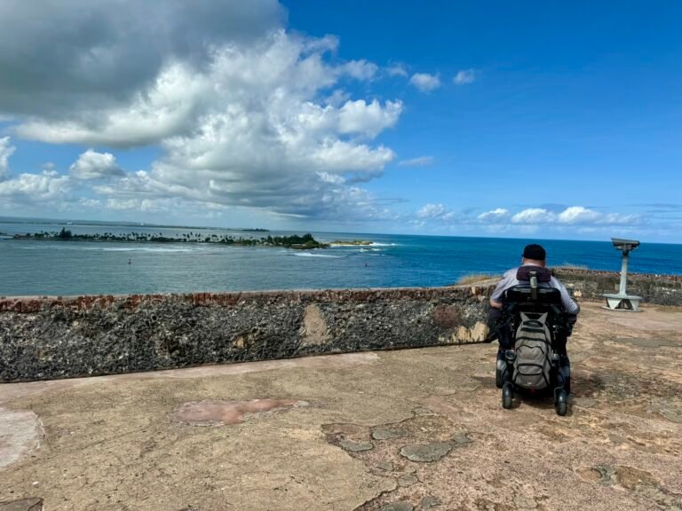 A person in a wheelchair looks out over the ocean from a stone terrace, with a distant island, blue sky, and scattered clouds in the background. A coin-operated viewer is nearby.