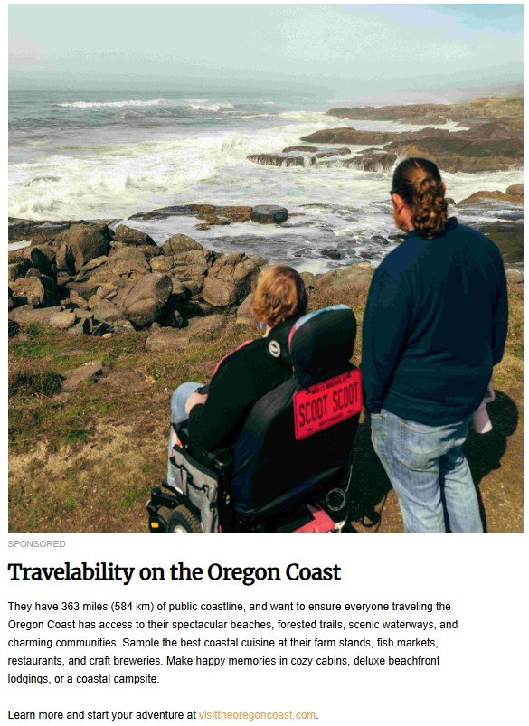 Two people enjoying a scenic ocean view on the rocky Oregon Coast, one seated in a mobility scooter labeled 'SCOOT SCOOT,' promoting accessible travel and tourism