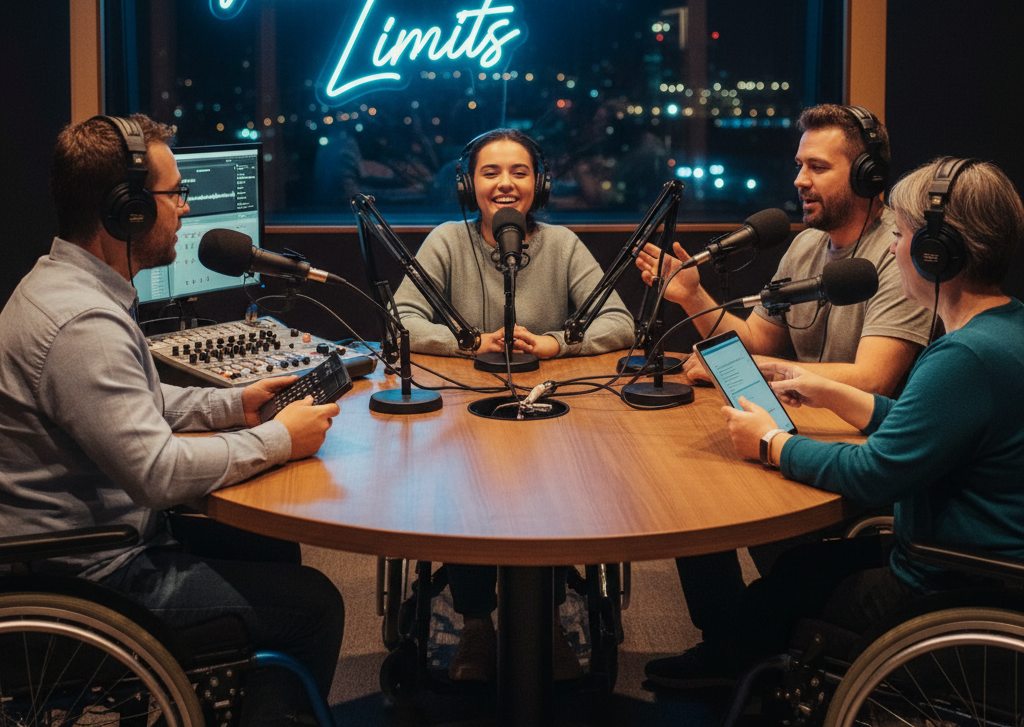 Four people, all in wheelchairs, are recording a podcast around a table in a studio. They are wearing headphones and speaking into microphones. A neon sign in the window behind them reads "Voices without Limits".