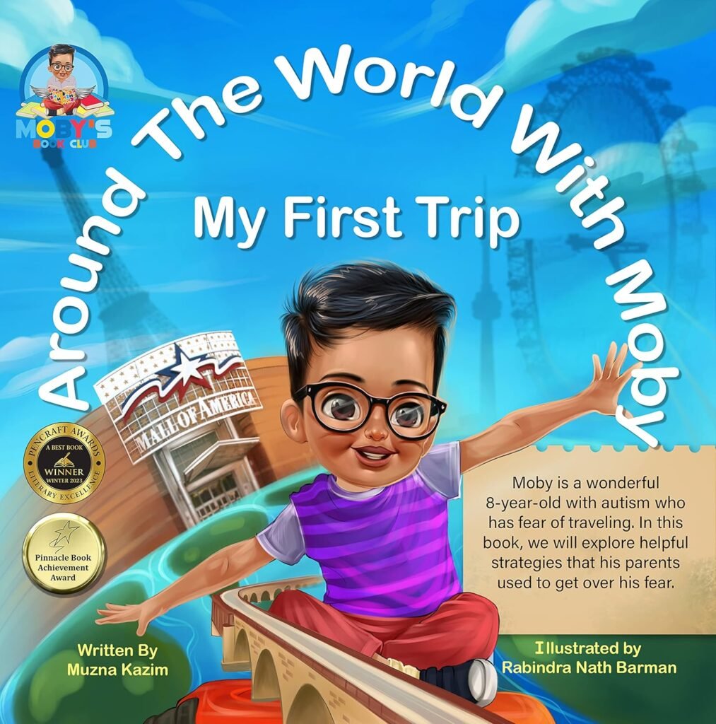 An illustrated children's book cover with a blue sky background and white clouds. The title "Around The World With Moby My First Trip" is in white, curving text. A young boy wearing glasses and a purple shirt is in the foreground, smiling as he sits on a roller coaster track. In the background is the Mall of America.