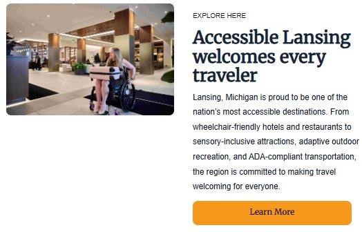 Woman using wheelchair with luggage checking into accessible hotel lobby in Lansing Michigan promoting inclusive travel for all visitors.